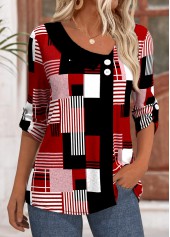 Deep Red tops,Geometric tops,ROTITA Geometric Print Deep Red T Shirt