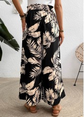 Black bottoms,Plants bottoms,Pocket Leaf Print Black Wide Leg Elastic Waist Pants