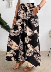 Black bottoms,Plants bottoms,Pocket Leaf Print Black Wide Leg Elastic Waist Pants