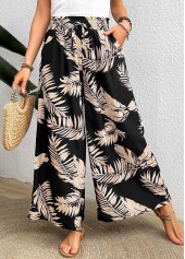 Black bottoms,Plants bottoms,Pocket Leaf Print Black Wide Leg Elastic Waist Pants