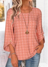 Dusty Pink tops,Plain Color tops,ROTITA Dusty Pink Round Neck 3/4 Sleeve Blouse