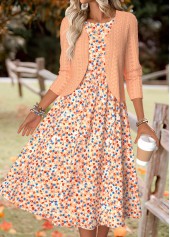 Orange dresses,Ditsy Floral dresses,Everyday dresses,Casual dresses,ROTITA Ditsy Floral Print Orange Round Neck Dress and Cardigan