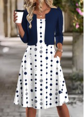 Navy dresses,Dot dresses,Everyday dresses,Casual dresses,ROTITA Polka Dot Navy Round Neck Dress and Cardigan