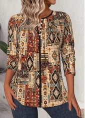 Dark Camel tops,Tribal tops,ROTITA Tribal Print Dark Camel Split Neck 3/4 Sleeve Blouse