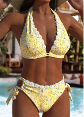 Yellow swimwear,Floral swimwear,Plants swimwear,ROTITA Yellow Floral Print Low Waisted Bikini Set