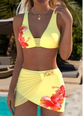 Light Yellow swimwear,Floral swimwear,Plants swimwear,ROTITA Light Yellow Floral Print Mid Waisted Bikini Set