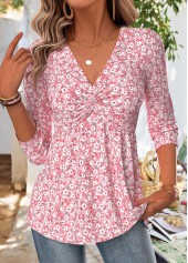 Rotita – T-Shirt mit V-Ausschnitt und kleinem Blumenmuster in Rosa