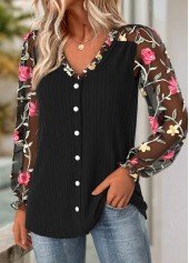 Black tops,Floral tops,Plants tops,ROTITA Frill Floral Print Black V Neck Long Sleeve Blouse