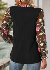 Black tops,Floral tops,Plants tops,ROTITA Frill Floral Print Black V Neck Long Sleeve Blouse