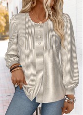 Light Coffee tops,Striped tops,Geometric tops,ROTITA Striped Light Coffee Round Neck Long Sleeve T Shirt