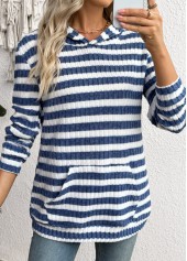 Blue tops,Striped tops,Geometric tops,ROTITA Kangaroo Pocket Striped Blue Long Sleeve Hoodie