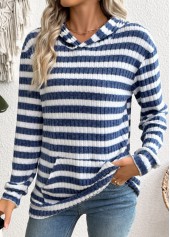 Blue tops,Striped tops,Geometric tops,ROTITA Kangaroo Pocket Striped Blue Long Sleeve Hoodie