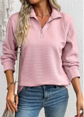 Pink tops,Plain Color tops,ROTITA Zipper Pink Turn Down Collar Long Sleeve Sweatshirt