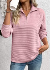 Pink tops,Plain Color tops,ROTITA Zipper Pink Turn Down Collar Long Sleeve Sweatshirt