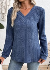 Blue tops,Plain Color tops,ROTITA Blue V Neck Long Sleeve Sweatshirt