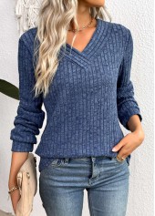 Blue tops,Plain Color tops,ROTITA Blue V Neck Long Sleeve Sweatshirt