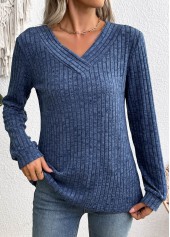 Blue tops,Plain Color tops,ROTITA Blue V Neck Long Sleeve Sweatshirt