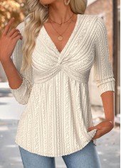 Rotita – Beiges T-Shirt mit V-Ausschnitt und 3/4-Ärmeln