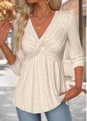 Beige tops,Plain Color tops,ROTITA Beige V Neck 3/4 Sleeve T Shirt