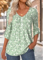 ROTITA Floral Print Sage Green V Neck 3/4 Sleeve Blouse
