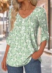Sage Green tops,Floral tops,Plants tops,ROTITA Floral Print Sage Green V Neck 3/4 Sleeve Blouse