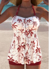 Wine Red swimwear,Plants swimwear,ROTITA Wine Red Tropical Plants Print Mid Waisted Tankini Set