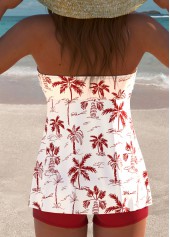 Wine Red swimwear,Plants swimwear,ROTITA Wine Red Tropical Plants Print Mid Waisted Tankini Set