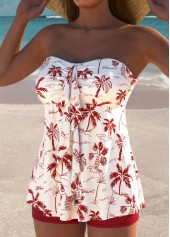 Wine Red swimwear,Plants swimwear,ROTITA Wine Red Tropical Plants Print Mid Waisted Tankini Set