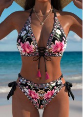 ROTITA Black Floral Print Mid Waisted Bikini Set