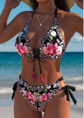Black swimwear,Floral swimwear,Plants swimwear,ROTITA Black Floral Print Mid Waisted Bikini Set