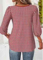 Red tops,Plaid tops,Geometric tops,ROTITA Plaid Red Split Neck 3/4 Sleeve Blouse