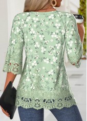 Light Green tops,Floral tops,Plants tops,ROTITA Floral Print Light Green Split Neck 3/4 Sleeve Blouse