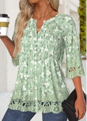 Light Green tops,Floral tops,Plants tops,ROTITA Floral Print Light Green Split Neck 3/4 Sleeve Blouse