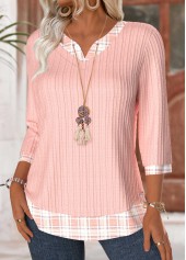 Light Pink tops,Plaid tops,Geometric tops,ROTITA Plaid Light Pink V Neck 3/4 Sleeve T Shirt