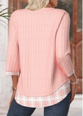 Light Pink tops,Plaid tops,Geometric tops,ROTITA Plaid Light Pink V Neck 3/4 Sleeve T Shirt
