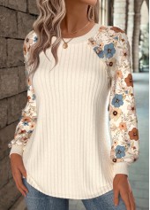 Beige tops,Floral tops,Plants tops,ROTITA Floral Print Beige Round Neck Long Sleeve Sweatshirt
