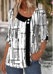 White tops,Geometric tops,ROTITA Geometric Print White Shirt