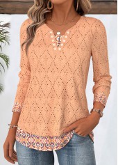 Orange tops,Tribal tops,ROTITA Tribal Print Orange Split Neck Long Sleeve T Shirt