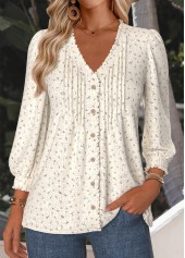 Rotita – Beige Bluse mit V-Ausschnitt und Blumenmuster