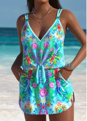 Cyan swimwear,Plants swimwear,ROTITA Cyan Tropical Plants Print One Piece Swimdress