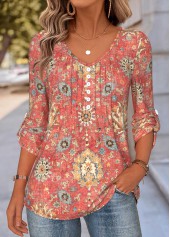 ROTITA Tummy Coverage Tribal Print Coral V Neck Blouse