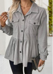 Light Grey tops,Plain Color tops,ROTITA Light Grey Shirt Collar Long Sleeve Shacket