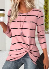 Pink tops,Striped tops,Geometric tops,ROTITA Tummy Coverage Striped Pink Round Neck T Shirt