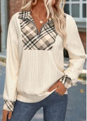 Beige tops,Plaid tops,Geometric tops,ROTITA Zipper Plaid Beige Turn Down Collar Sweatshirt