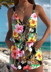 Black swimwear,Floral swimwear,Plants swimwear,ROTITA Black Floral Print One Piece Swimdress