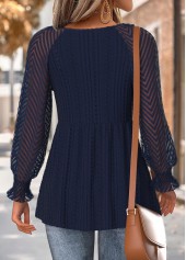 Navy tops,Plain Color tops,ROTITA Peplum Navy V Neck Long Sleeve T Shirt