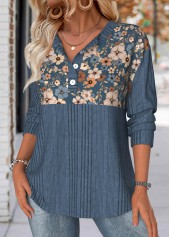 Peacock Blue tops,Floral tops,Plants tops,ROTITA Floral Print Peacock Blue Split Neck Long Sleeve Sweatshirt