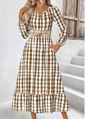 Beige dresses,Plaid dresses,Geometric dresses,Everyday dresses,Casual dresses,ROTITA Plaid Beige Split Neck Long Sleeve Dress