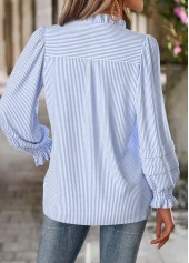 Blue tops,Striped tops,Geometric tops,ROTITA Tummy Coverage Striped Blue Split Neck Long Sleeve Blouse