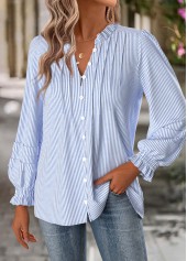 Blue tops,Striped tops,Geometric tops,ROTITA Tummy Coverage Striped Blue Split Neck Long Sleeve Blouse
